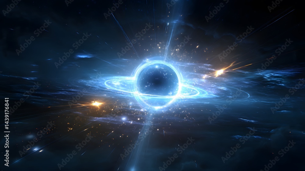 Poster an artist's rendering of a black hole with a surrounding accretion disk, set against the backdrop of
