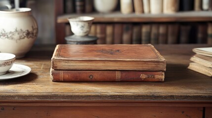 Two antique leather-bound books rest atop a wooden table.
