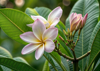Fototapeta premium features a plumeria flower with pink and white petals, surrounded by lush green leaves. There are also several buds in various stages of bloom on the same branch.