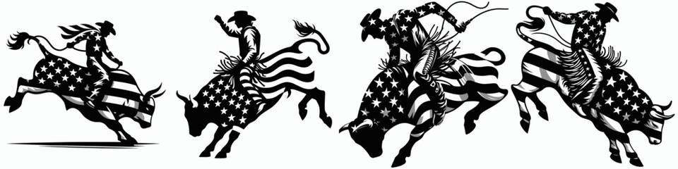 The Rodeo Bull Rider. Symbol Vector Clip art. Lone cowboy adventure atop raging livestock arena contest challenge.