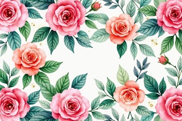 Delicate watercolor roses & leaves, repeat pattern, illustration, flower pattern, pattern