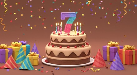 7th birthday cake with candles and colorful party balloons and decorations.