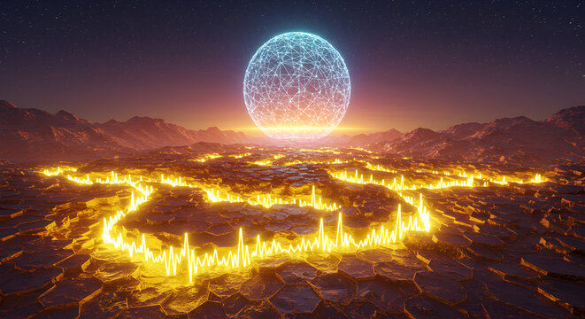 Digital Network Sphere Over Alien Landscape Glowing Heartbeat Pattern