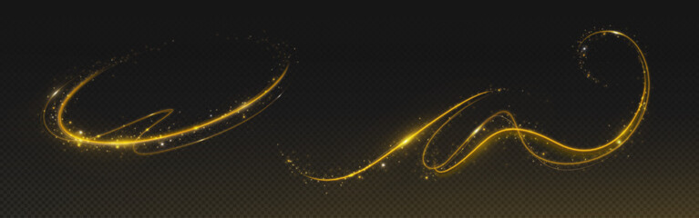Shiny gold magic light trail set on black background - glowing wavy spiral swirls, sparkling stardust glitter particles, luminous cosmic comet tails. Luxury realistic festive decoration element pack. © klyaksun