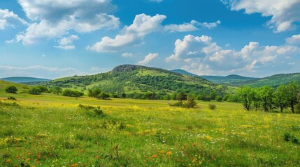 Obraz premium Green meadow with spring flowers stock photo --ar 16:9 --raw --v 6 Job ID: 2155a107-0ff6-4350-9646-9b3ea0d5b02e