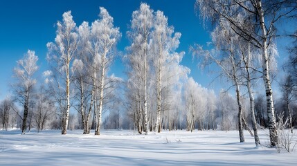 Obraz premium Serene Winter Wonderland with Slender White Trees Under a Clear Blue Sky