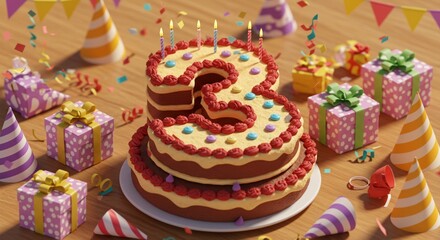 Adorable 3rd birthday cake with party hats and colorful decorations in a cheerful setup.