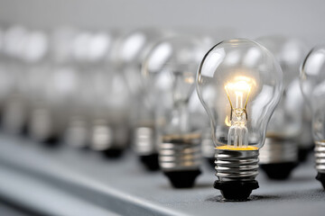 Group of light bulbs in rows, all of which are unlit except for one bulb which is glowing