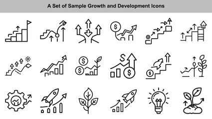 Obraz premium Growth and Development Line Icons Set: Business Progress, Financial Increase, Startup Rocket, Plant Growth, Idea Bulb, isolated on white