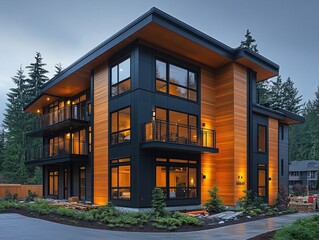 Obraz premium Modern home with wood and black paneling, lit warmly at dusk. Showcase real estate, architecture, or design projects with this photo.