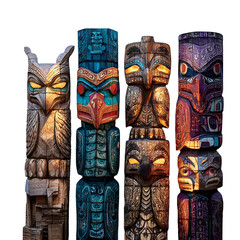 Totem poles featuring illuminated carvings and colorful artistic designs, clear background --v 7.0
