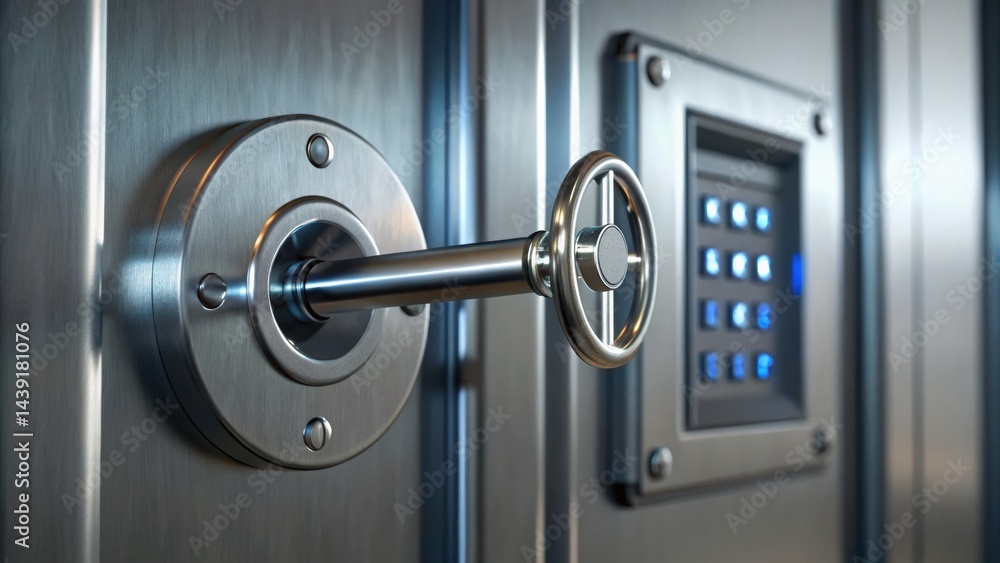 Poster a close-up of a metallic key inserted into a modern lock, alongside a digital keypad, symbolizing se