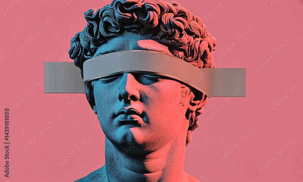 Poster abstract representation of a classical statue with a blindfold against a vibrant background