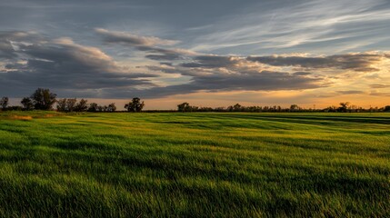 Obraz premium Vast Expanse of Verdant Green Landscape Under Dramatic Sunset and Cloudy Sky