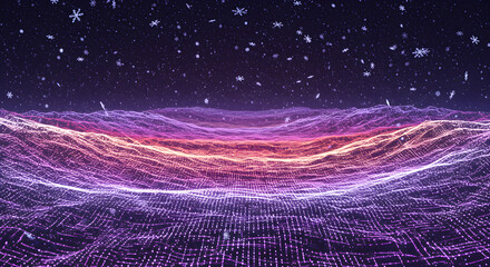 Glittering Winter Landscape With Snowflakes And Neon Light Waves Background