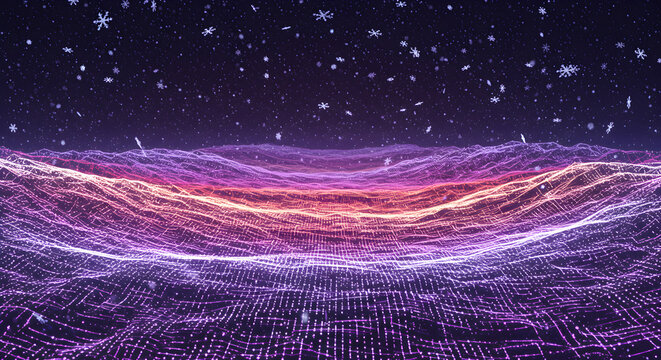 Glittering Winter Landscape With Snowflakes And Neon Light Waves Background - Powered by Adobe