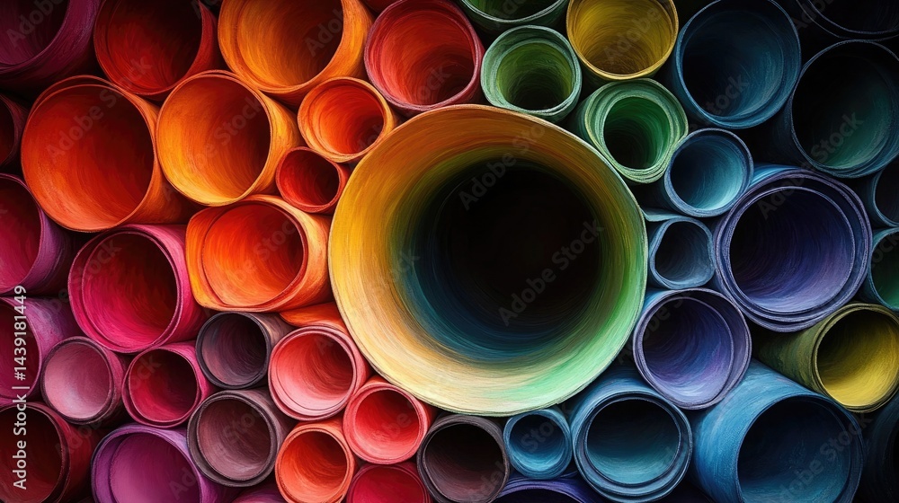 Poster stacked colorful cardboard tubes create an abstract pattern background. perfect for illustrating con