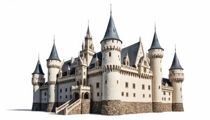 Fototapeta premium The ancient Bratislava Castle, a historic stone fortress with prominent towers, stands on an empty white background.