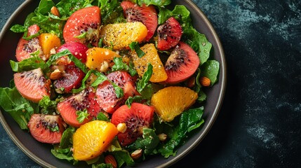 Delicious and Healthy Fruit Salad with Orange Kiwi and Red Grapes in a Bowl