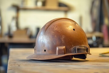 Rusted safety helmet rests on a wooden workbench.