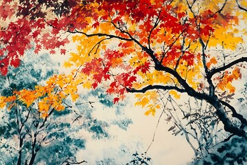 34. autumn forest with colorful red and yellow leaves