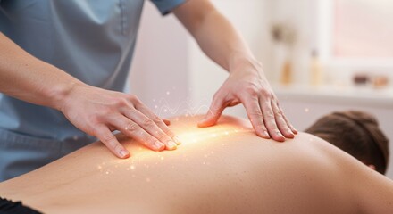 Vibrant Physiotherapy Session with Ethereal Energy Radiating from Therapist Hands on Patients Back in a Medical Illustration Style