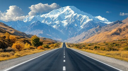Naklejka premium Scenic mountain road stretching to a snow-capped peak
