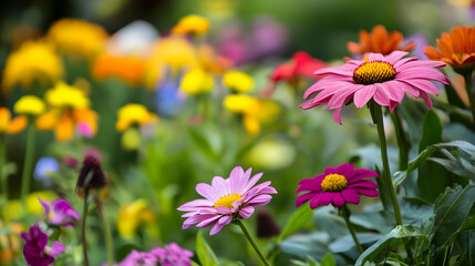 Obraz premium Colorful flowers bloom in a garden with a blurred green background.