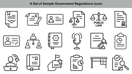 Regulation Icons Set Law Document, Public Justice, Policy, Report Outline Vectors