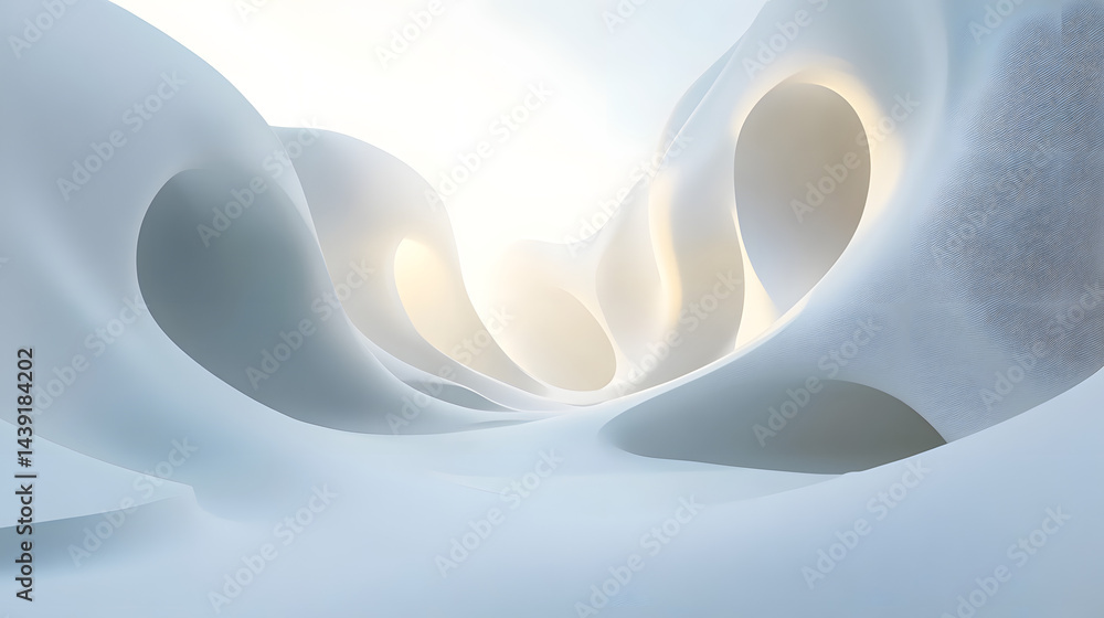 Poster dynamic organic shapes emanating light pure white background 3d render tranquil environment soft vie