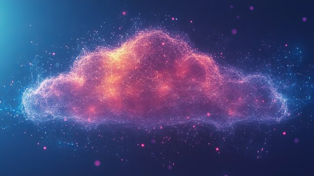 Abstract cloud computing network digital technology data orange blue web mesh nodes lines light