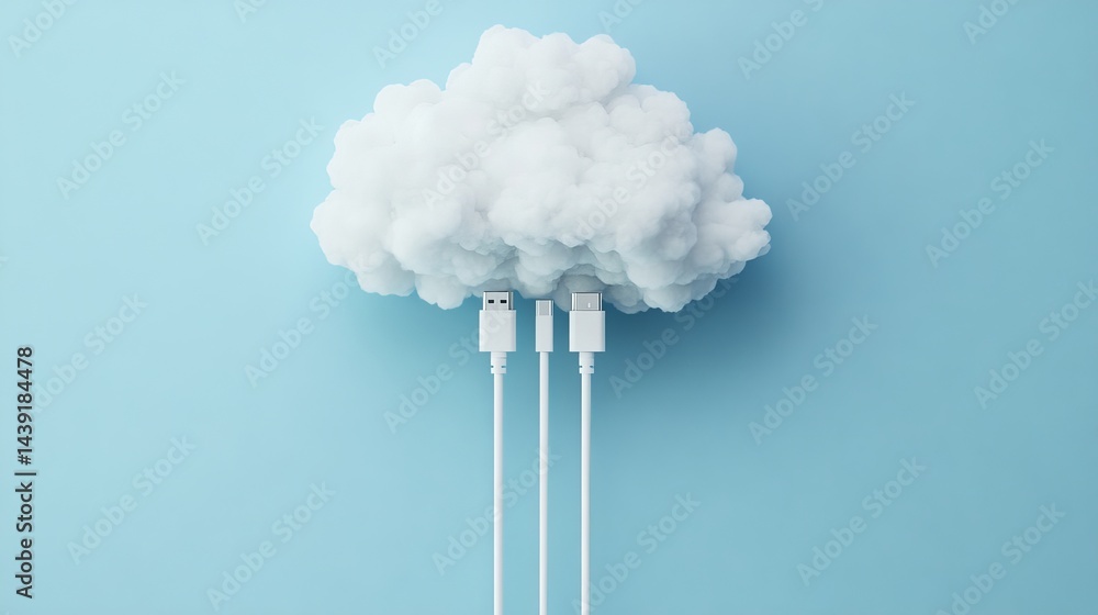 Aufkleber cloud computing concept with usb cables and a fluffy white cloud on a light blue background 3d data