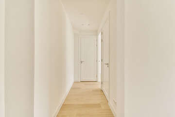 A clean, minimalistic interior hallway featuring white walls and light wooden flooring, enhancing the sense of spaciousness and brightness.