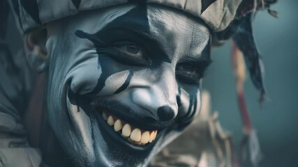 Sinister clown with creepy smile and dark makeup close-up