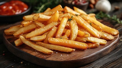 Crispy french fries with salt and herbs on the wooden board, close-up shot. Use this mouthwatering image for food blogs, fast food ads, or menu design.