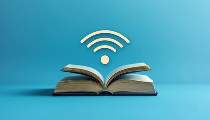 Open book with wifi symbol representing online learning