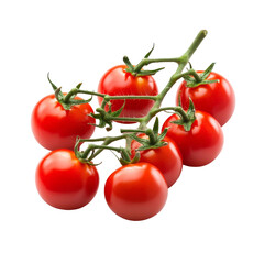 Fresh cherry tomatoes on a vine displayed against a bright transparent background for food presentation or culinary use, Fresh cherry tomatoes isolated on transparent background