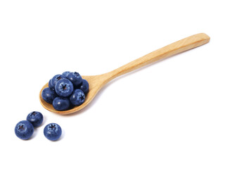 Blueberries in wooden spoon isolated on white background