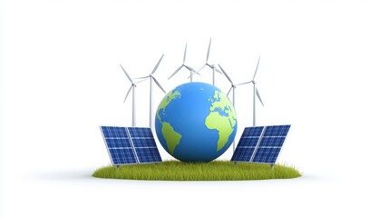 Digital globe surrounded by solar panels and wind turbines, rising arrow graph showing global energy market inflation