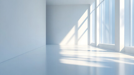 Bright natural light illuminating minimalist white space modern interior calm environment wide angle view