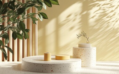 3D render of a yellow abstract background with geometric shapes and podiums for product presentation, a minimal mockup scene for advertising or branding concepts. 