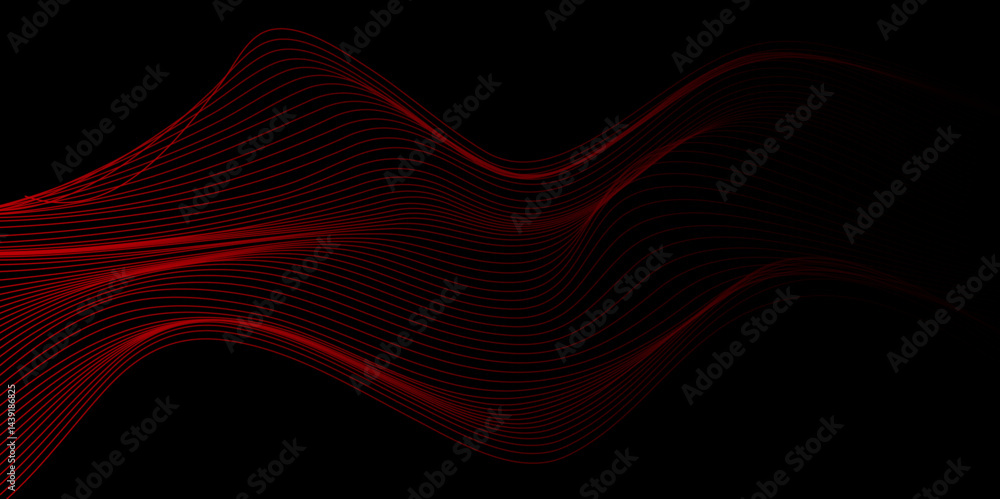Poster Abstract wavy red curved line on dark black background. vector futuristic background with particle waves Beautiful shaped array of glowing line. abstract volume voice technology vibrate and music bg.	