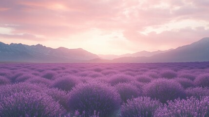Obraz premium Endless lavender field under pastel evening sky, soft light creating a dreamy ambiance
