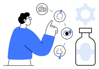 Hand pointing at visuals of headache, eye, nose, and vaccine bottle. Ideal for healthcare, diagnosis, symptoms, medication immunity consultation awareness. Flat simple metaphor