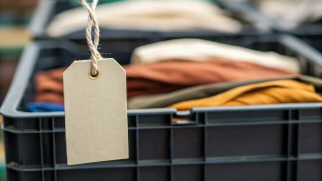 Blank price tag hanging on crate with folded cloth representing trade and retail price label and tax concept in retail business and commerce