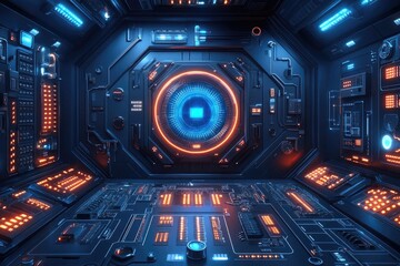 Fototapeta premium A futuristic control panel with glowing lights and intricate circuit details. Use for sci-fi, technology, or high-tech innovation concept illustration.