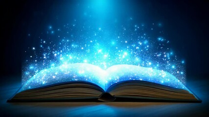 Open book reveals magical light and sparkling particles in a dark atmosphere