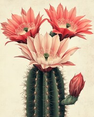 Cactus with red, pink flowers.