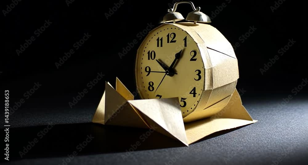 Poster an artistic representation of a paper clock with geometric shapes in a dark setting