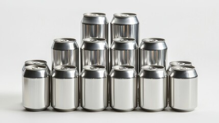 Group of 330 ml aluminum cans with glossy silver surface arranged in a pyramid shape on a white background.